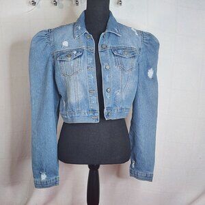 Five.by.Five Light Wash Pleat Shoulder LS Crop Cotton Poly Span Denim Jacket MED